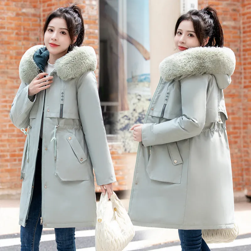 Thickened Windproof Parka with Detachable Faux Fur Collar for Women