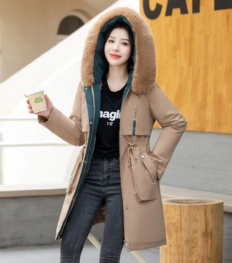 Thickened Windproof Parka with Detachable Faux Fur Collar for Women