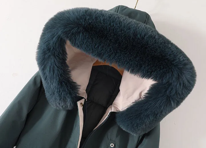 Thickened Windproof Parka with Detachable Faux Fur Collar for Women