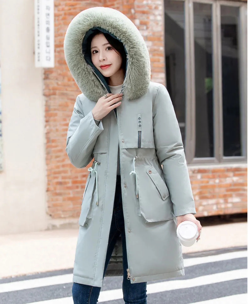 Thickened Windproof Parka with Detachable Faux Fur Collar for Women