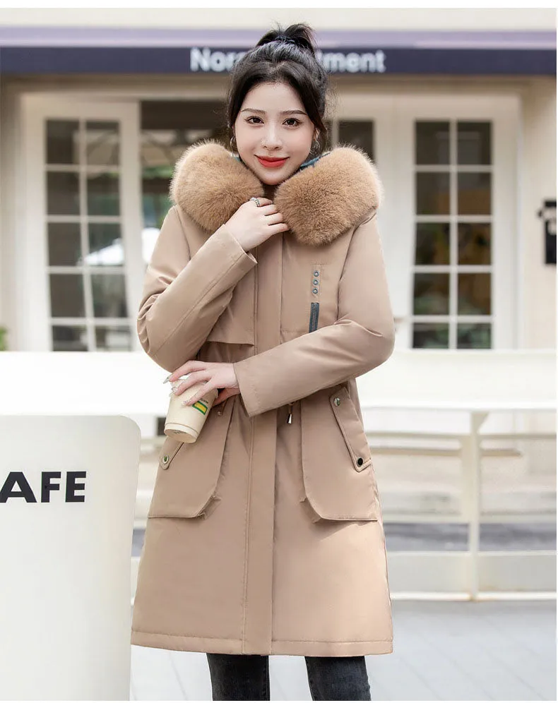 Thickened Windproof Parka with Detachable Faux Fur Collar for Women