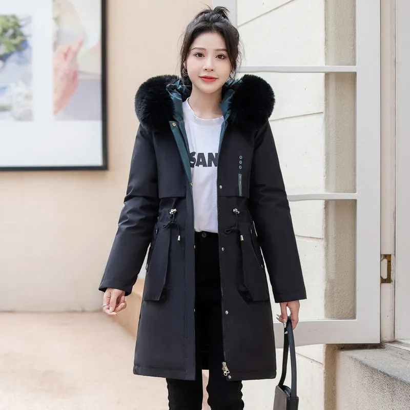 Thickened Windproof Parka with Detachable Faux Fur Collar for Women