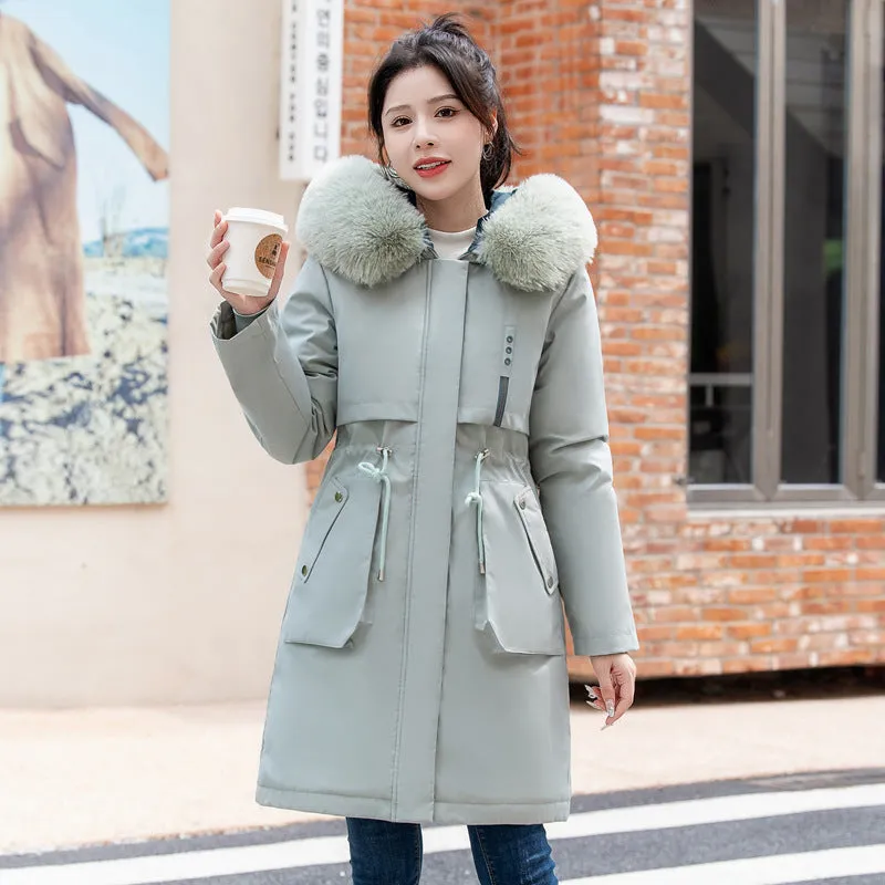 Thickened Windproof Parka with Detachable Faux Fur Collar for Women