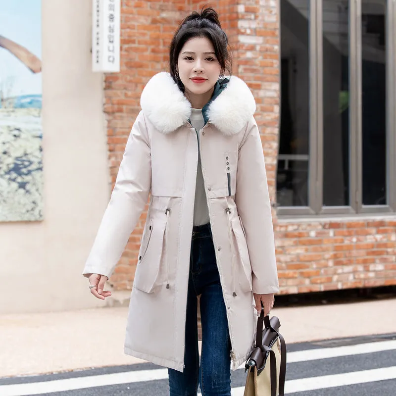 Thickened Windproof Parka with Detachable Faux Fur Collar for Women