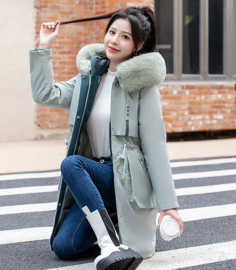 Thickened Windproof Parka with Detachable Faux Fur Collar for Women