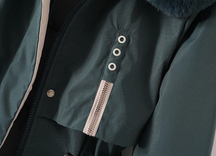 Thickened Windproof Parka with Detachable Faux Fur Collar for Women