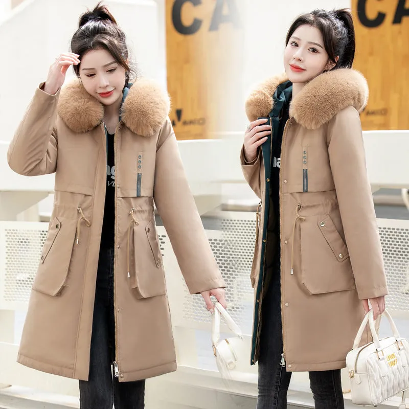 Thickened Windproof Parka with Detachable Faux Fur Collar for Women