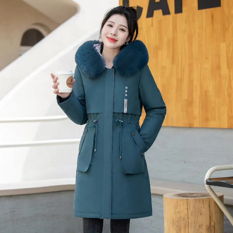 Thickened Windproof Parka with Detachable Faux Fur Collar for Women