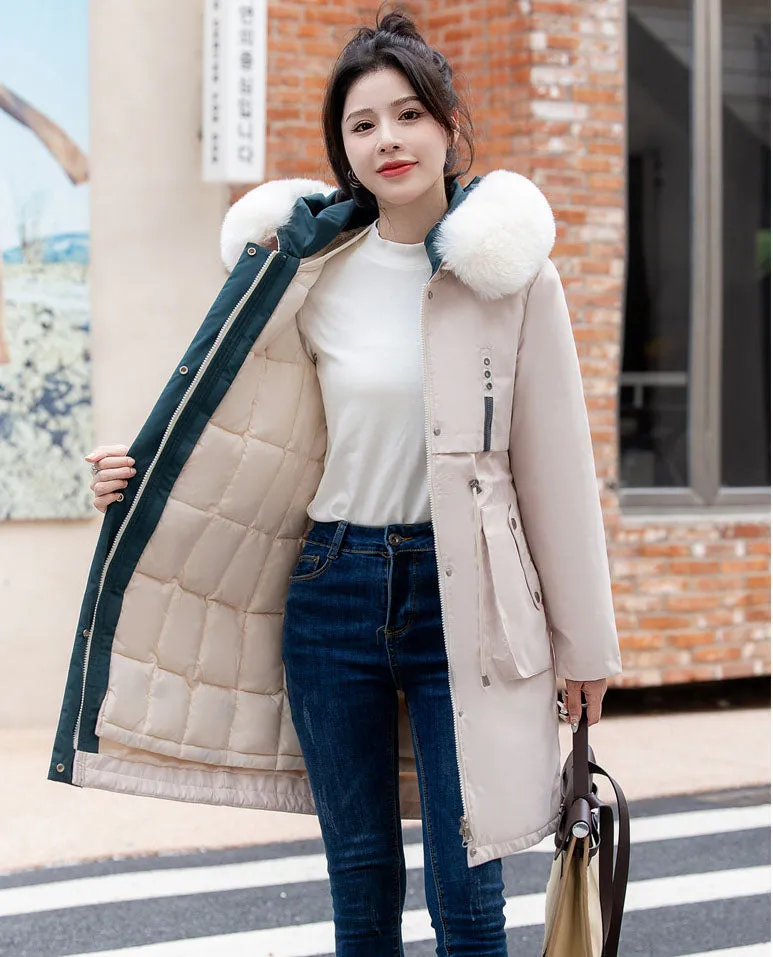 Thickened Windproof Parka with Detachable Faux Fur Collar for Women