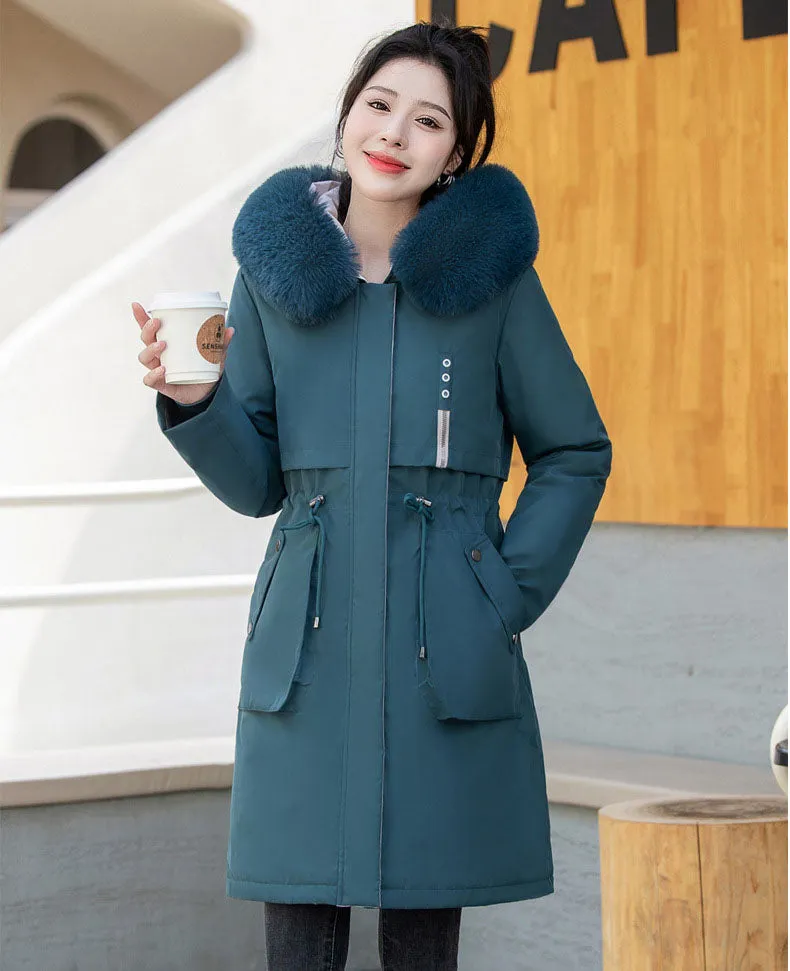 Thickened Windproof Parka with Detachable Faux Fur Collar for Women