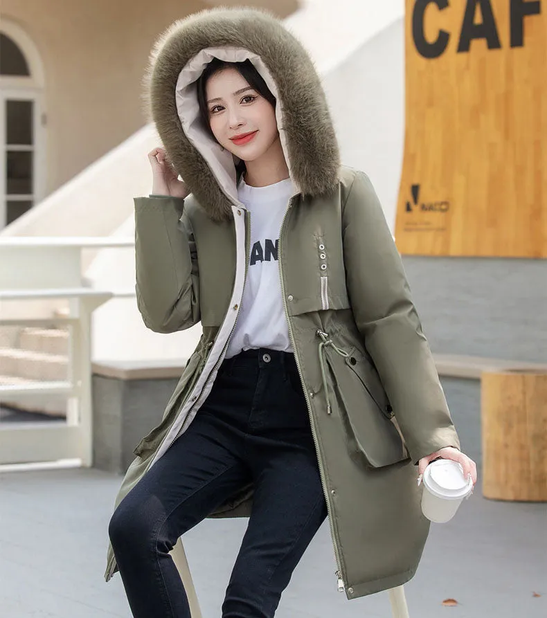 Thickened Windproof Parka with Detachable Faux Fur Collar for Women
