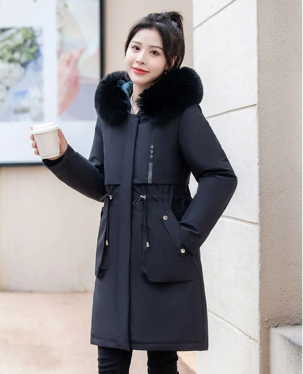 Thickened Windproof Parka with Detachable Faux Fur Collar for Women