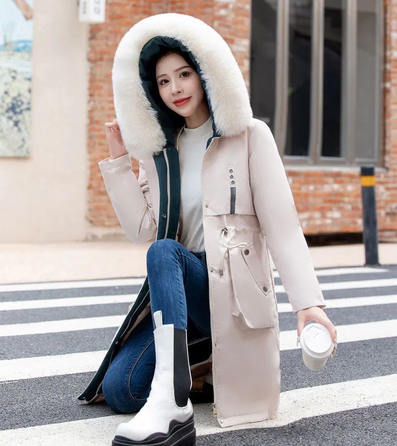 Thickened Windproof Parka with Detachable Faux Fur Collar for Women