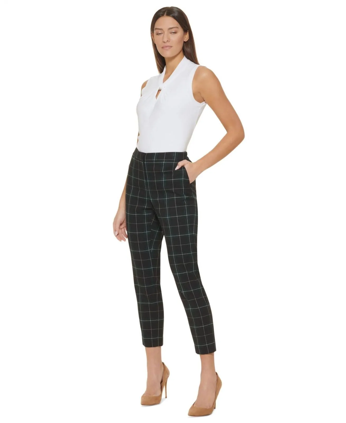 Tommy Hilfiger Womens Plaid Straight Leg Mid Rise Trousers H1NPZ43D