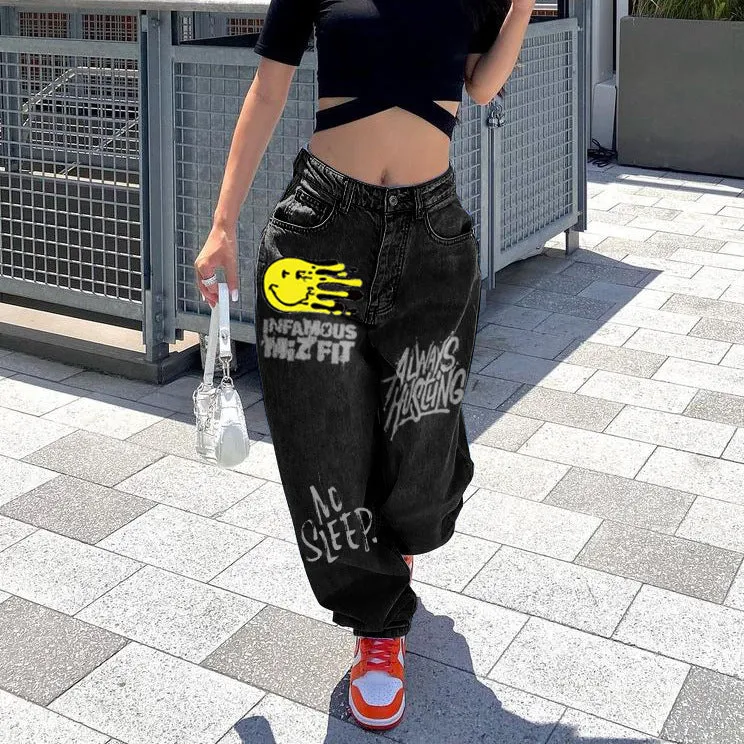 Trendy Statement Letter Printed Wide-Leg Casual Denim Pants