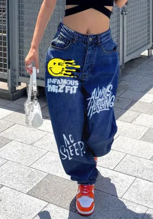 Trendy Statement Letter Printed Wide-Leg Casual Denim Pants