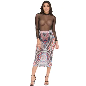 Tribal Tattoo Sheer Mesh Print Skirts Elegant Slim High Waist Skirts Vintage Kim Kardashian Style