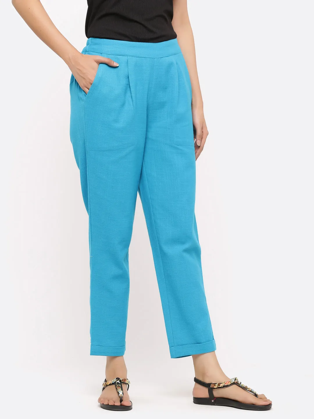 Turquoise Cotton Slub Bottom-Fold Straight Pants