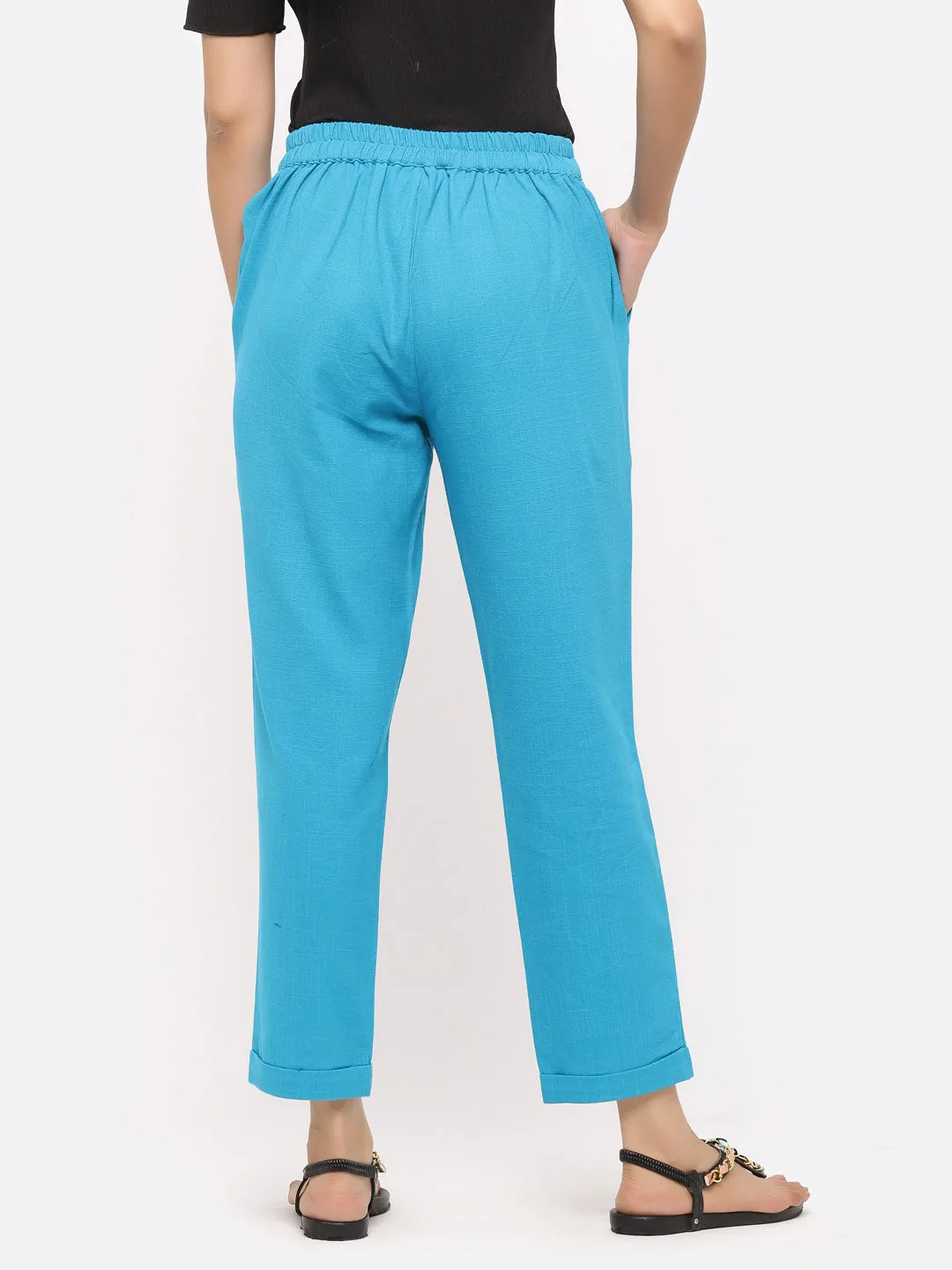 Turquoise Cotton Slub Bottom-Fold Straight Pants