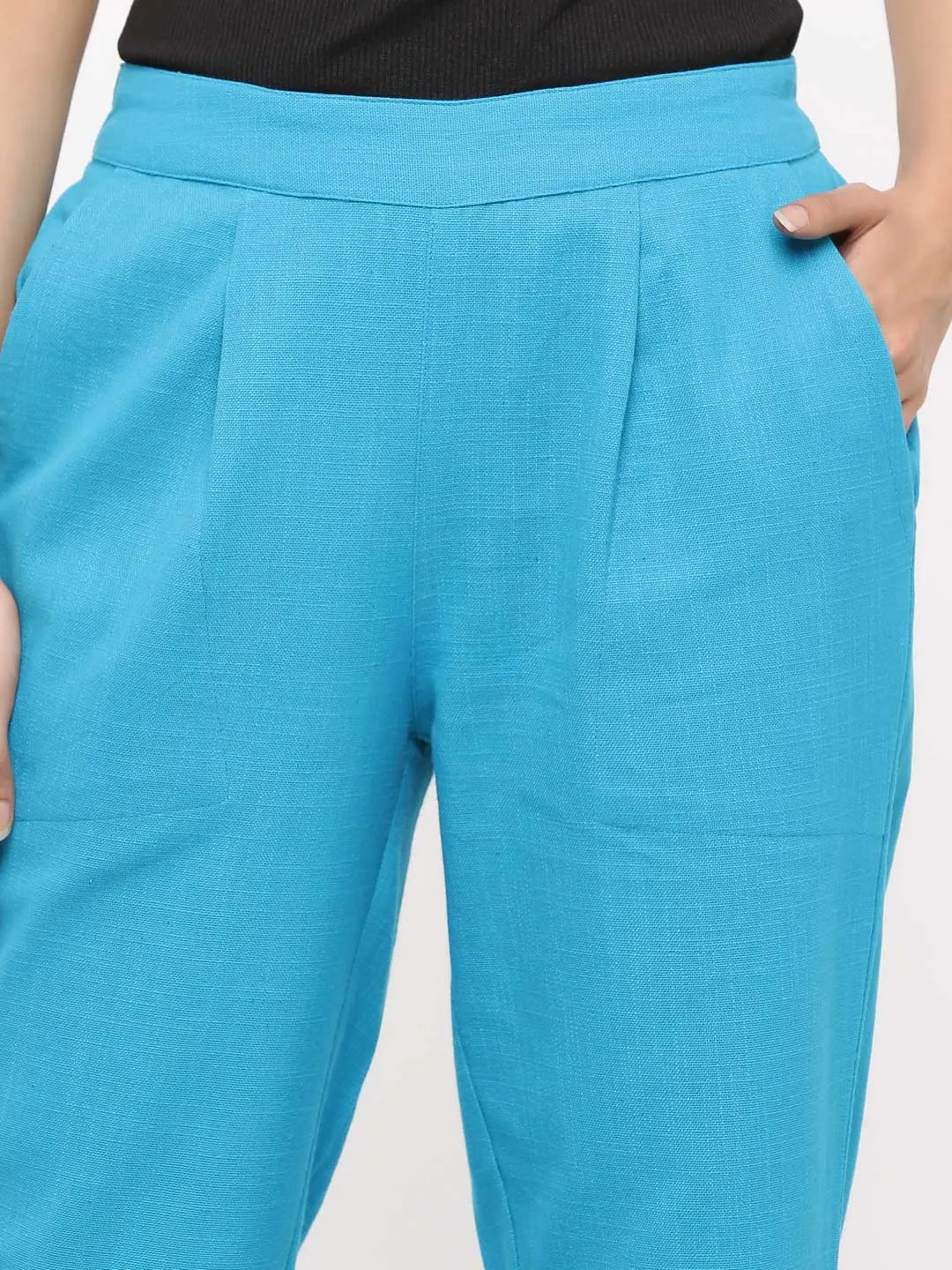 Turquoise Cotton Slub Bottom-Fold Straight Pants
