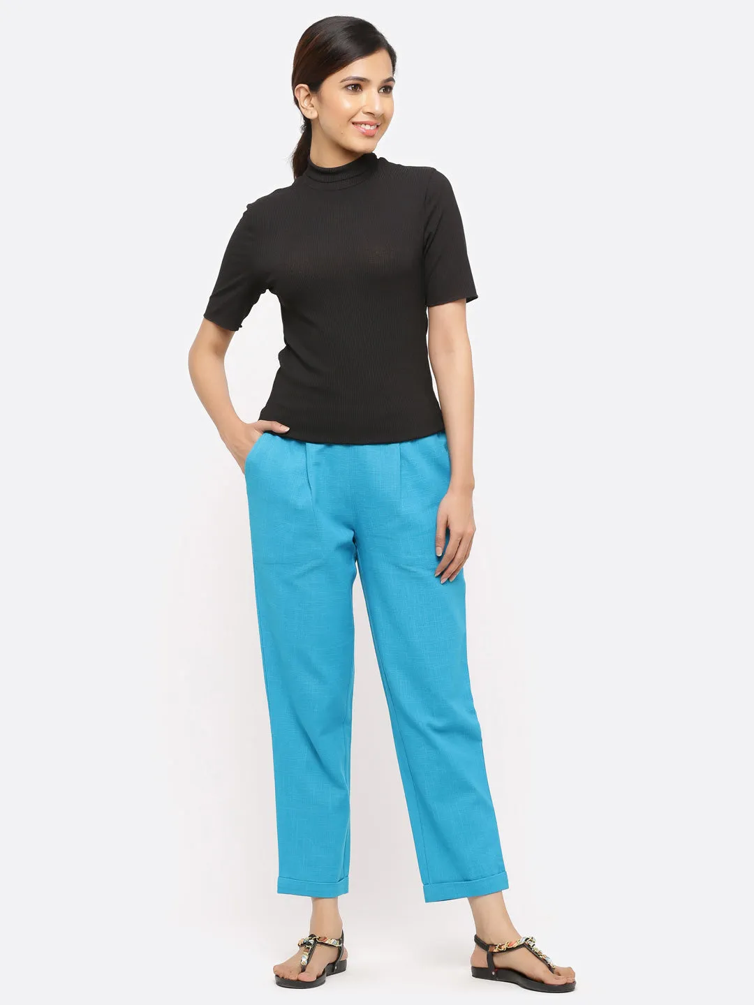 Turquoise Cotton Slub Bottom-Fold Straight Pants