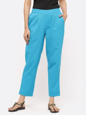 Turquoise Cotton Slub Bottom-Fold Straight Pants