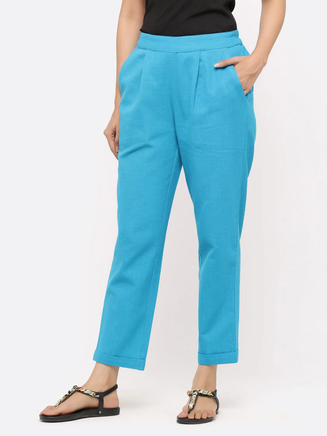 Turquoise Cotton Slub Bottom-Fold Straight Pants