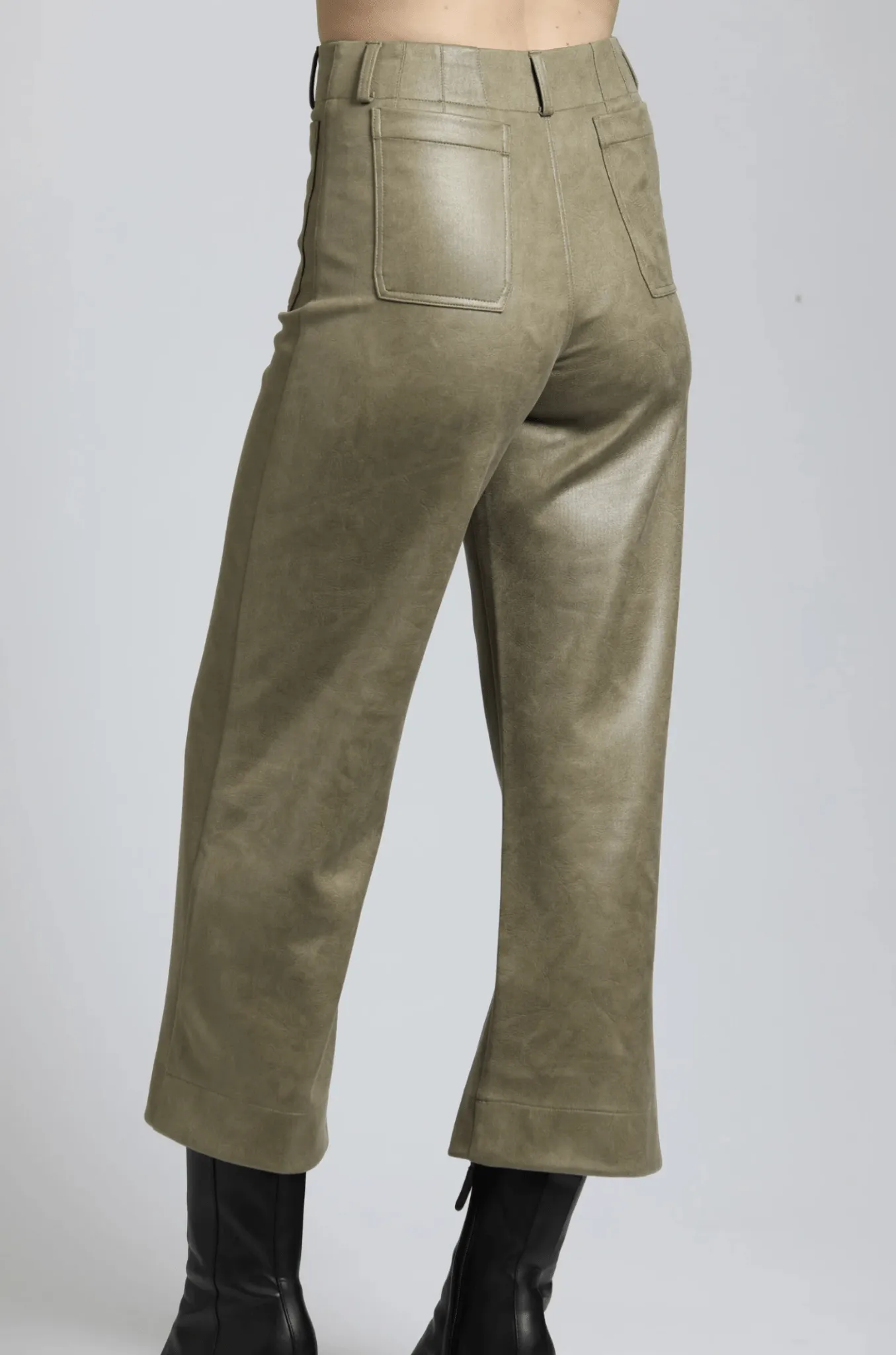 Vegan Leather Wide Leg Pant With Patch Pockets