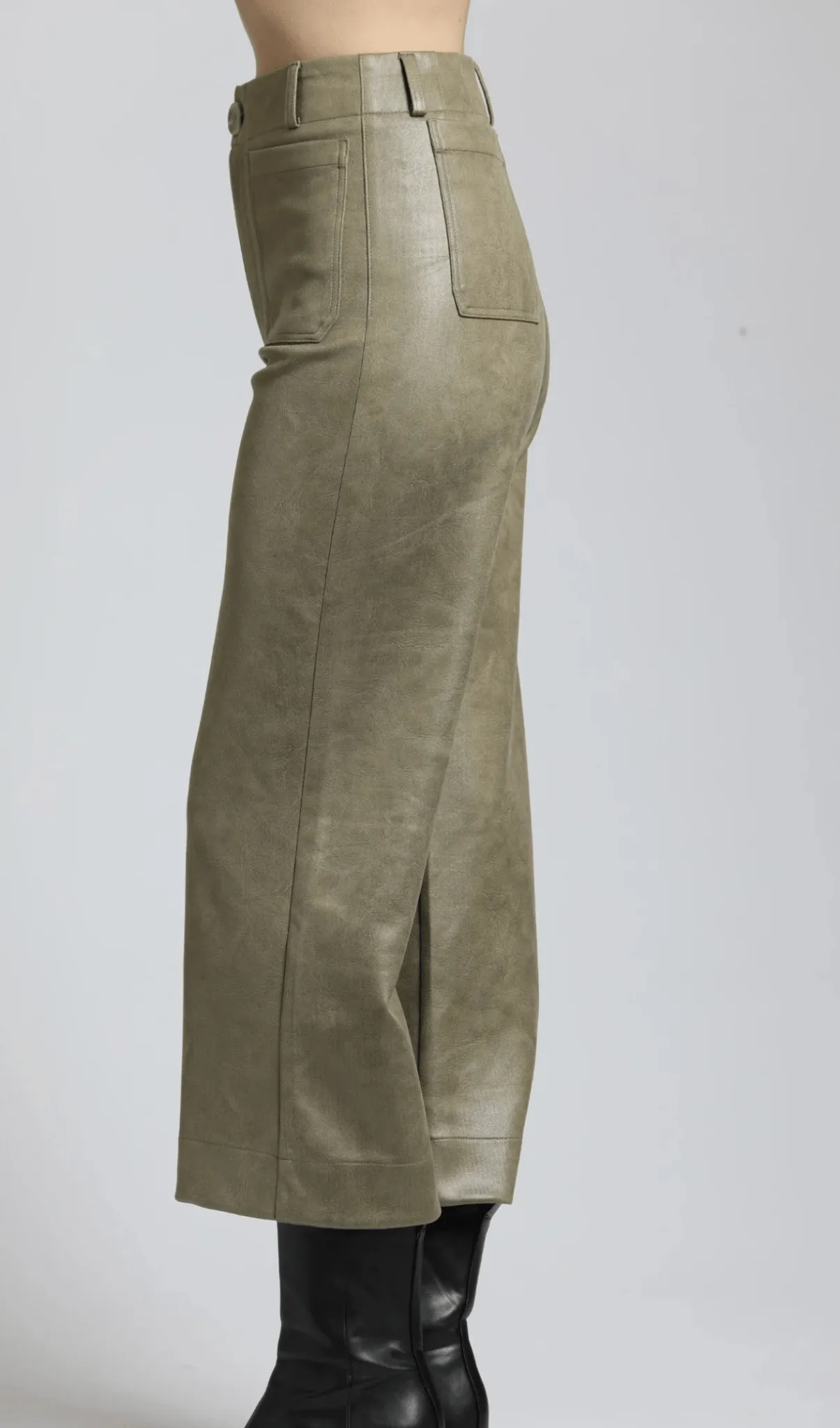 Vegan Leather Wide Leg Pant With Patch Pockets
