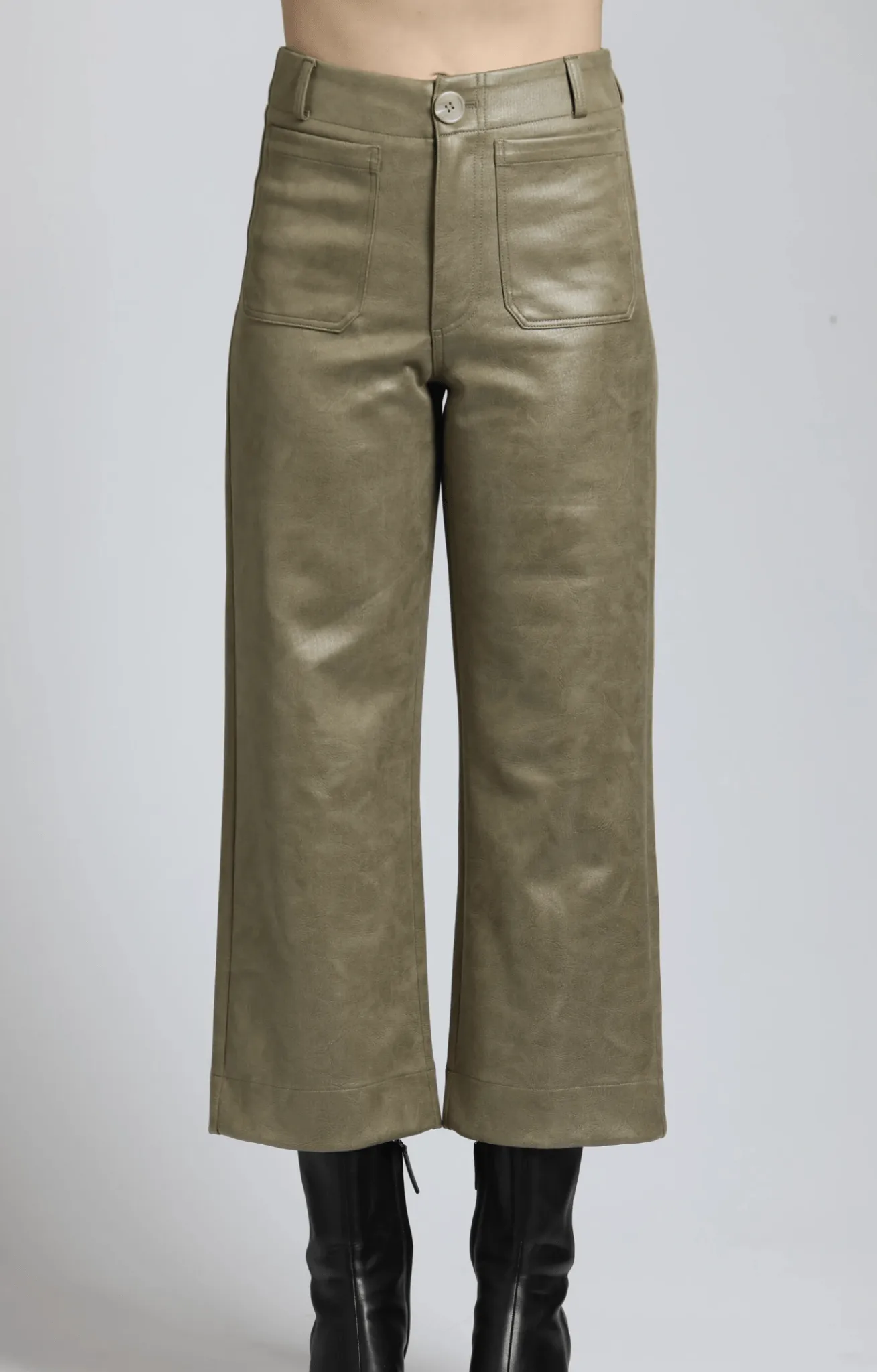 Vegan Leather Wide Leg Pant With Patch Pockets