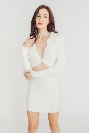 Vye White Knitted Collar V Neck Single-Button Long Sleeves Cropped Cardigan Top