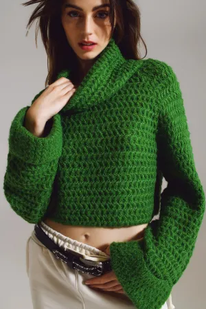 Waffle Knit Jumper With Turtle Neck and Rolled Cuffs in Green