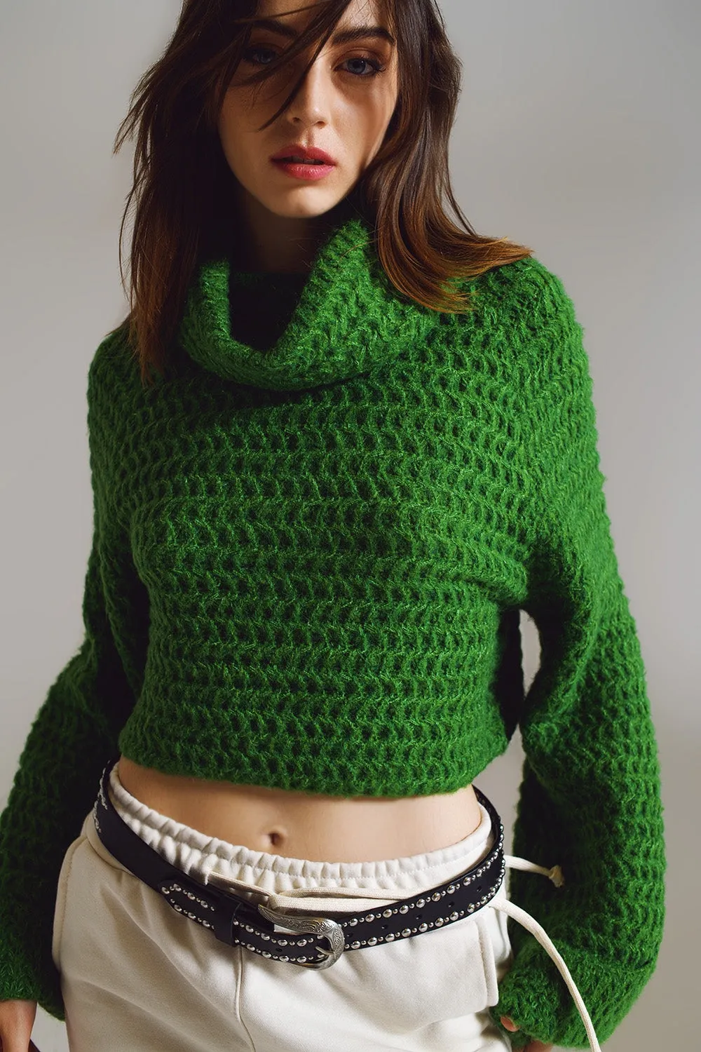 Waffle Knit Jumper With Turtle Neck and Rolled Cuffs in Green