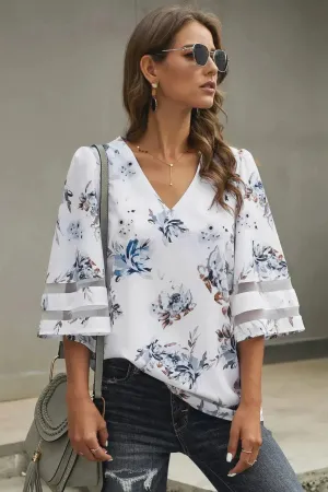 White Floral Blouse with 3/4 Flared Sleeves | Femstylo