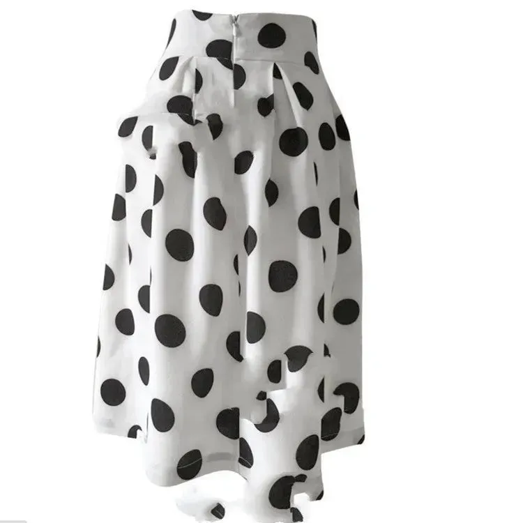 White Polka dot High Waist A-line  Pleated Midi Skirt for office work