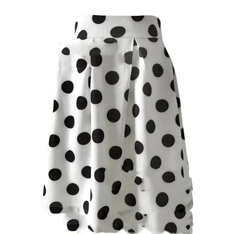 White Polka dot High Waist A-line  Pleated Midi Skirt for office work