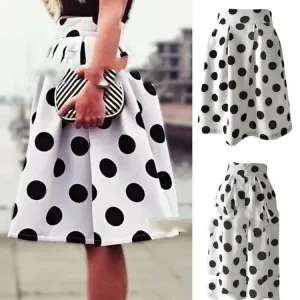 White Polka dot High Waist A-line  Pleated Midi Skirt for office work