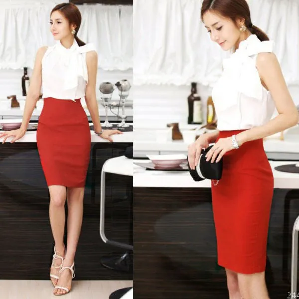 Women High Waist Fit Knee Length Straight Solid Stretch Business Pencil Skirt