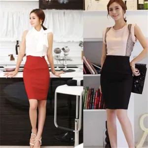 Women High Waist Fit Knee Length Straight Solid Stretch Business Pencil Skirt