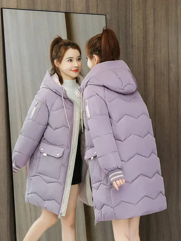 Women Jackets Coats Casual Long Parka Cotton Turtleneck Hooded Cuffs Closing Jackets Wind-proof Travelling Coats