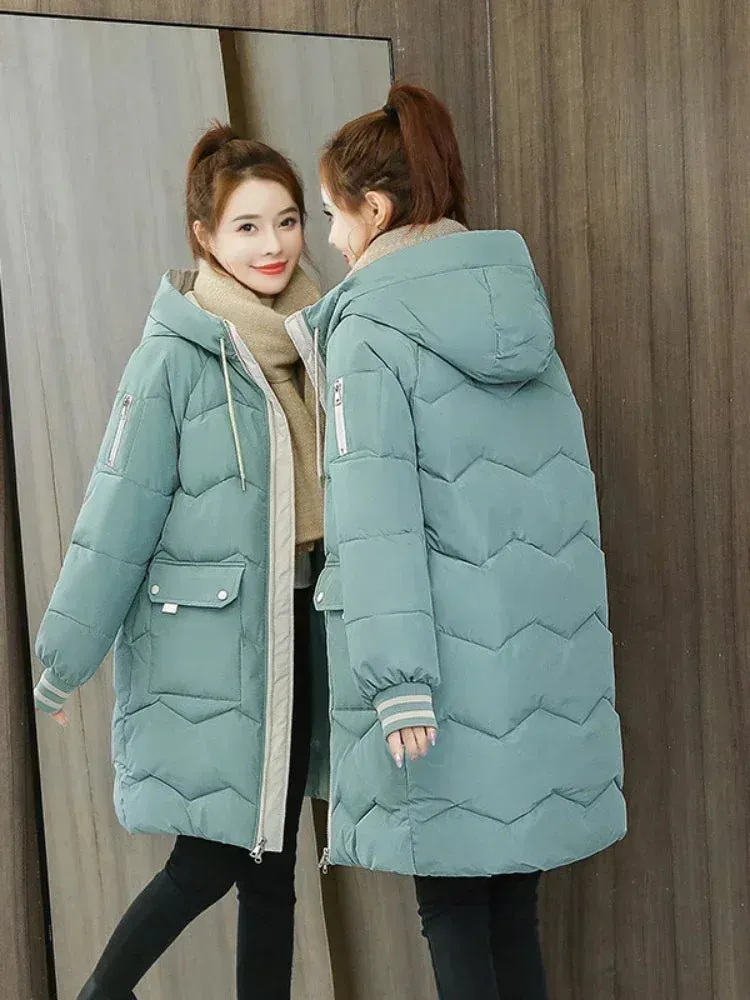 Women Jackets Coats Casual Long Parka Cotton Turtleneck Hooded Cuffs Closing Jackets Wind-proof Travelling Coats