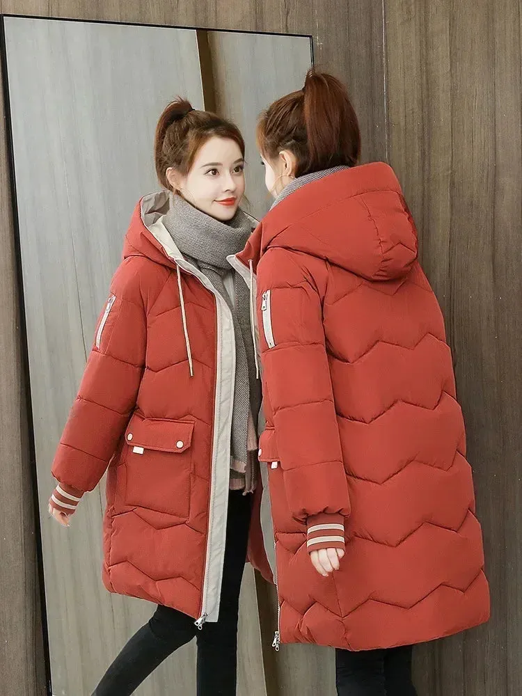 Women Jackets Coats Casual Long Parka Cotton Turtleneck Hooded Cuffs Closing Jackets Wind-proof Travelling Coats