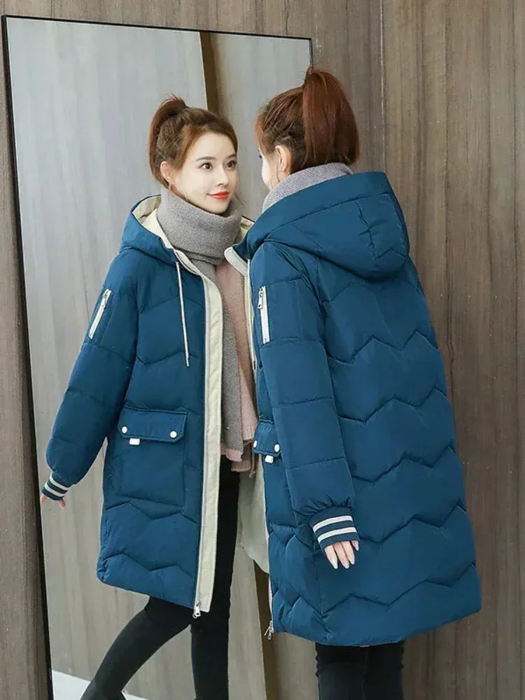 Women Jackets Coats Casual Long Parka Cotton Turtleneck Hooded Cuffs Closing Jackets Wind-proof Travelling Coats