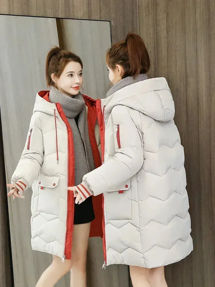 Women Jackets Coats Casual Long Parka Cotton Turtleneck Hooded Cuffs Closing Jackets Wind-proof Travelling Coats
