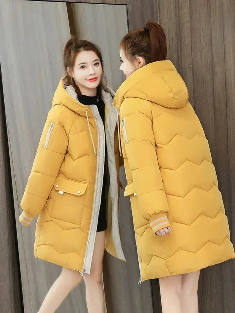 Women Jackets Coats Casual Long Parka Cotton Turtleneck Hooded Cuffs Closing Jackets Wind-proof Travelling Coats