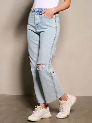 WOMEN'S BUTTON CLOSURE POCKETS DISTRESS DENIM PANTS