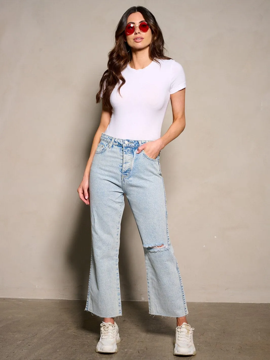 WOMEN'S BUTTON CLOSURE POCKETS DISTRESS DENIM PANTS