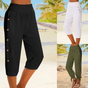 Women's Elastic Waist Fastener Decoration Solid Color Pants