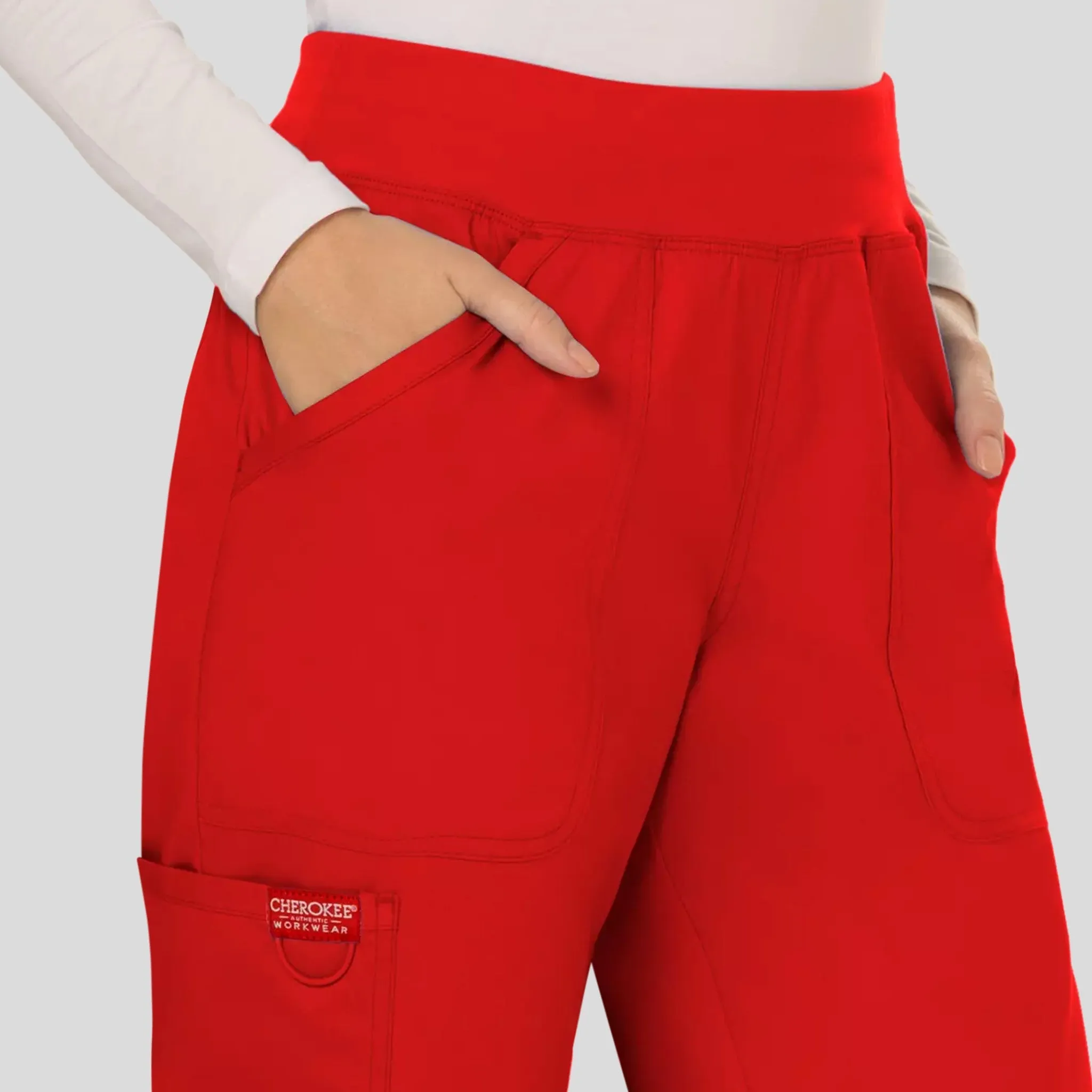 Women's Elastic Waistband Cargo Pull-On Scrub Pant | Red