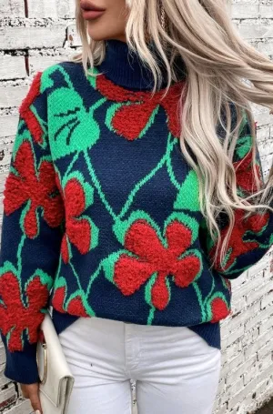 Women's Floral Knit Turtleneck Sweater